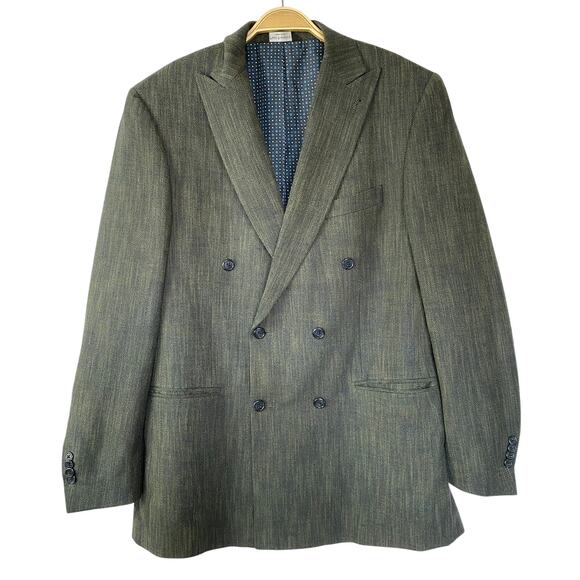 Paul Fredrick Herringbone Double Breasted Sport Coat Blazer Men 40L Green Navy - Picture 1 of 13